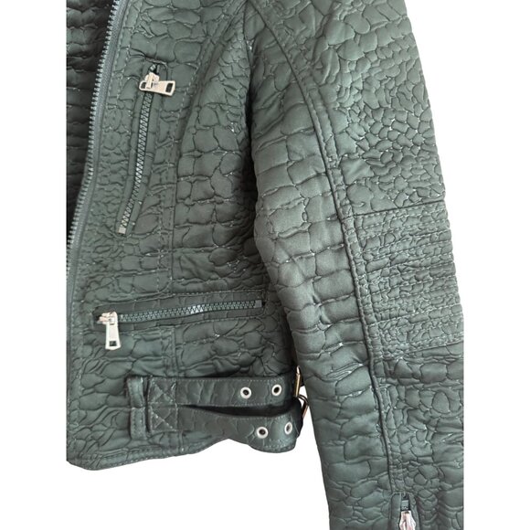 Ashley Outerwear Olive Green Croc-Embossed Quilted Moto Jacket S Lightweight Pol - Picture 6 of 6